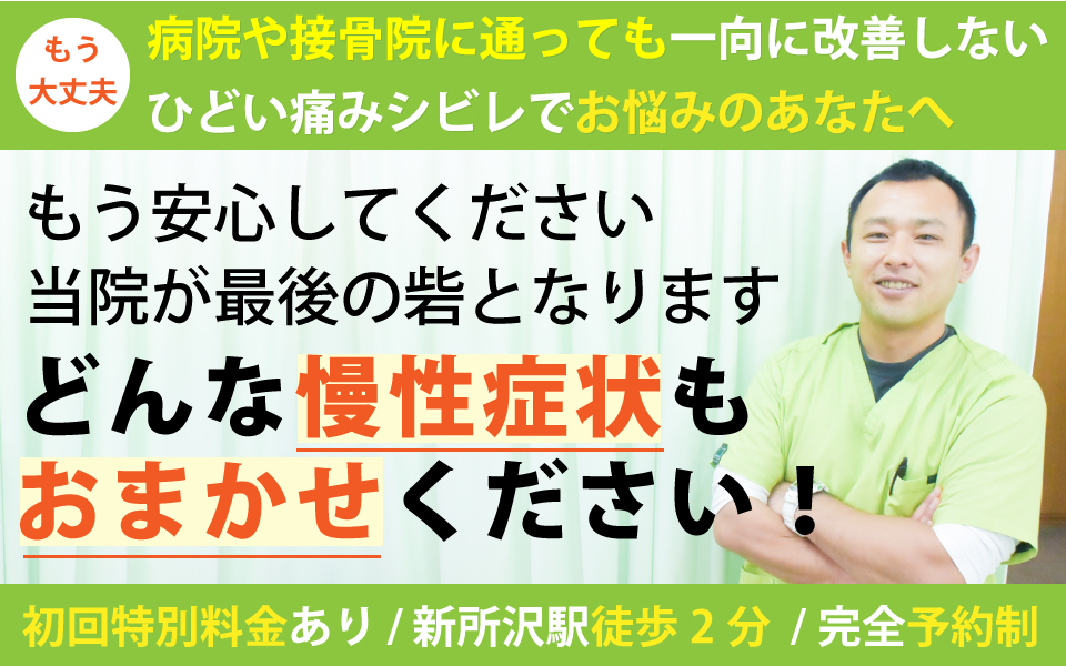 新所沢駅徒歩2分　初回特別価格での施術　病院・治療院に何度通っても改善しない痛みシビレでお悩みの方のための根本整体院。手術を勧められて不安な方も、まずはご相談ください。きっと希望が見つかるはずです